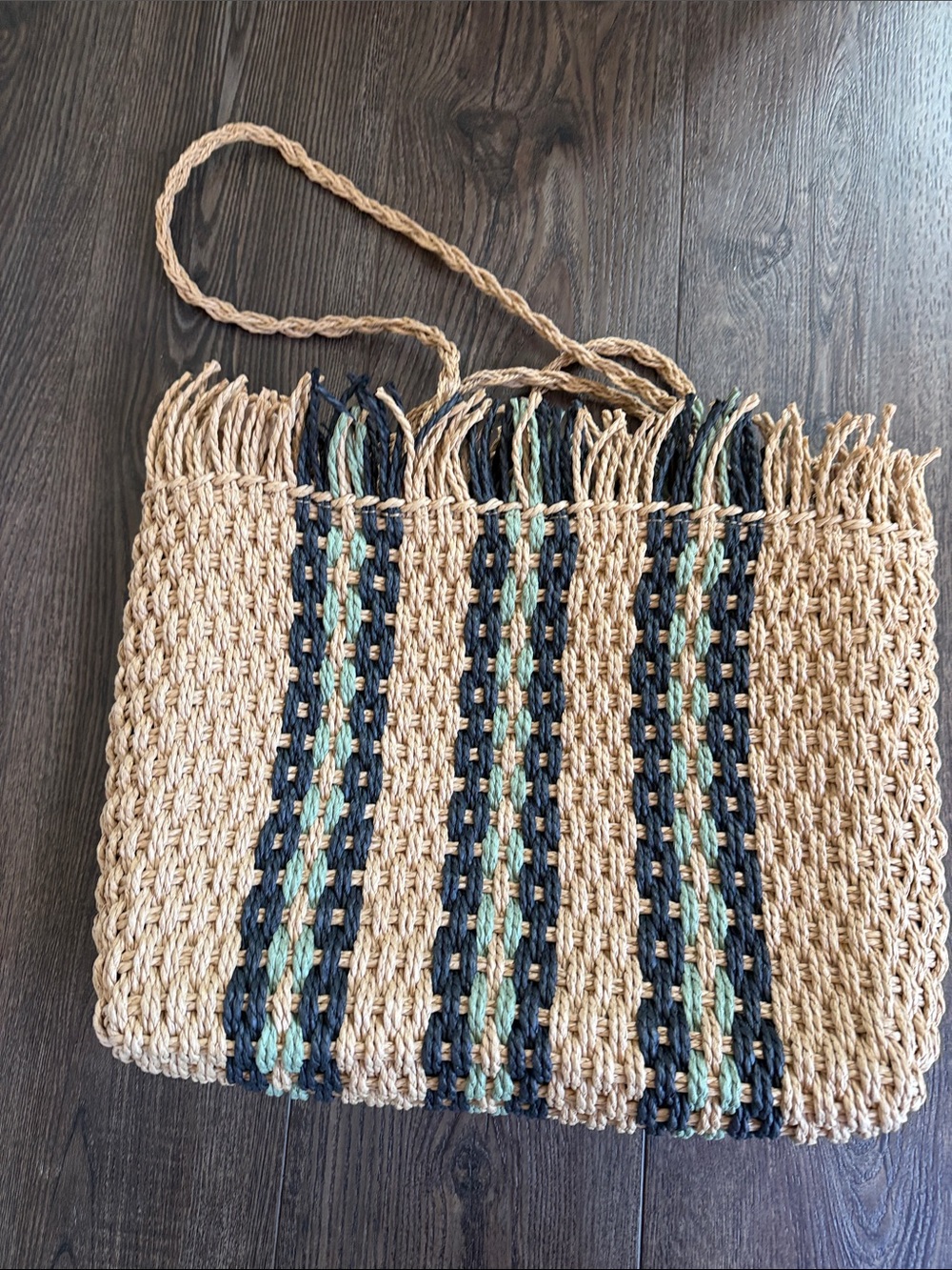 Dejavu NWT Woven Straw Tote Bag with Navy and Teal Stripe Accents Zip Closure - Picture 7 of 10